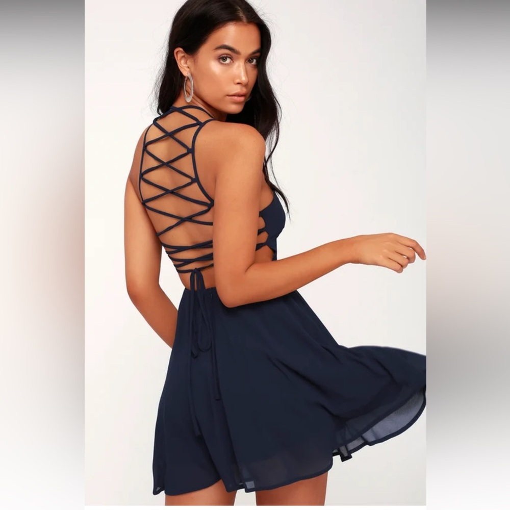 BRAND NEW LULU’S Navy Blue Lace-Up Dress